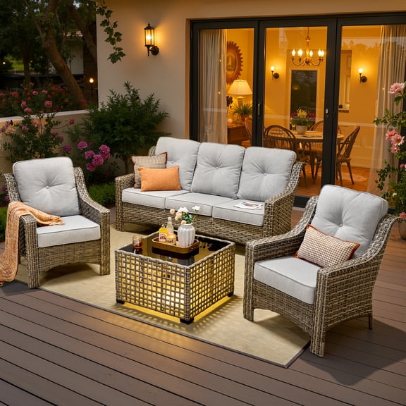 Vcatnet 4 Pieces Patio Outdoor Conversation Set High Back Wicker Rattan Furniture Outdoor Sectionals with Coffee Table, Gray