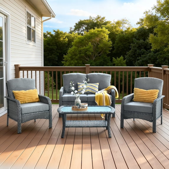 Vcatnet 4 Pieces Patio Outdoor Furniture, Wicker Rattan Outdoor Conversation Set, High Back Sectional Sofa with Loveseat Chair and Coffee Table, Dark Gray