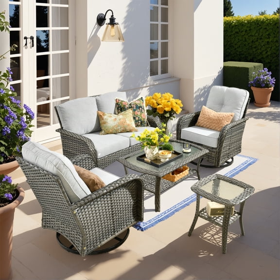Vcatnet 5 Pieces Outdoor Patio Furniture Set, High Back Conversation Set with Swivel Chairs, All-Weather Wicker Furniture Set for Porch, Balcony, Gray