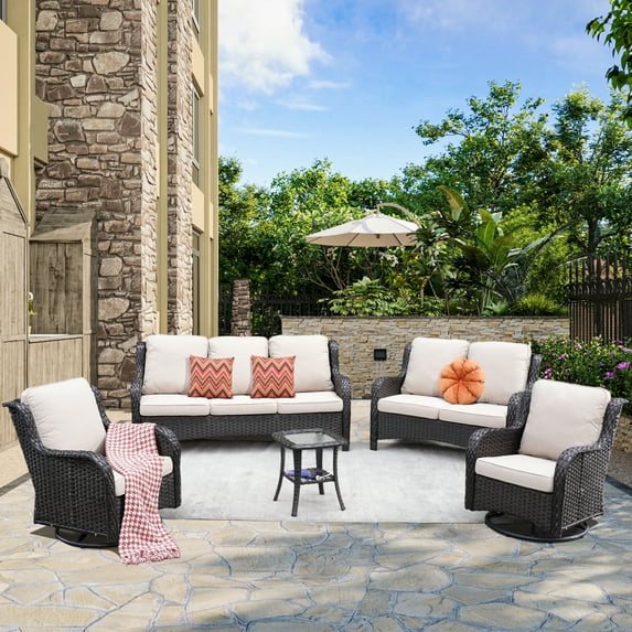 Vcatnet 5 Pieces Outdoor Patio Furniture All Weather Wicker Conversation Set with Swivel Rocking Chairs for Garden,Poolside,Beige