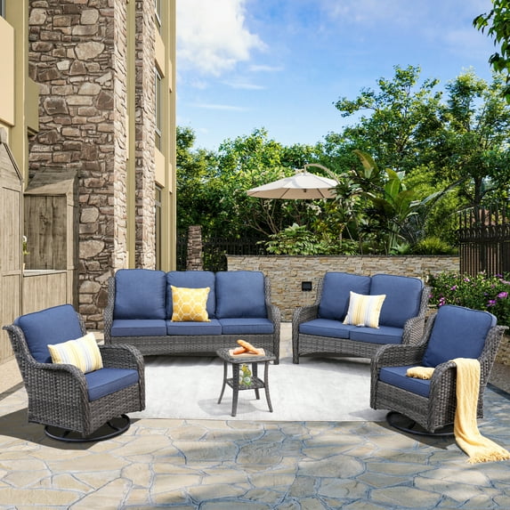 Vcatnet 5 Pieces Outdoor Patio Furniture All Weather Wicker Conversation Set with Swivel Rocking Chairs for Garden,Poolside,Denim Blue