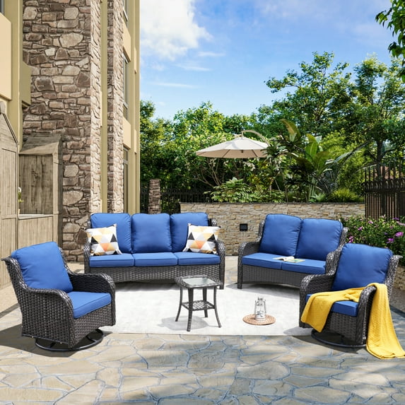 Vcatnet 5 Pieces Outdoor Patio Furniture All Weather Wicker Conversation Set with Swivel Rocking Chairs for Garden,Poolside,Navy Blue