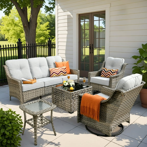 Vcatnet 5 Pieces Outdoor Patio Furniture All Weather Wicker High-Back Conversation Set with Rocking Swivel Chairs and Solar Lamp Coffee Table,Gray