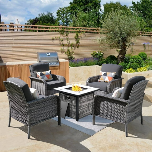Vcatnet 5 Pieces Outdoor Patio Furniture All-weather Wicker Conversation Set with Fire Pit Table for Garden,Poolside,Black