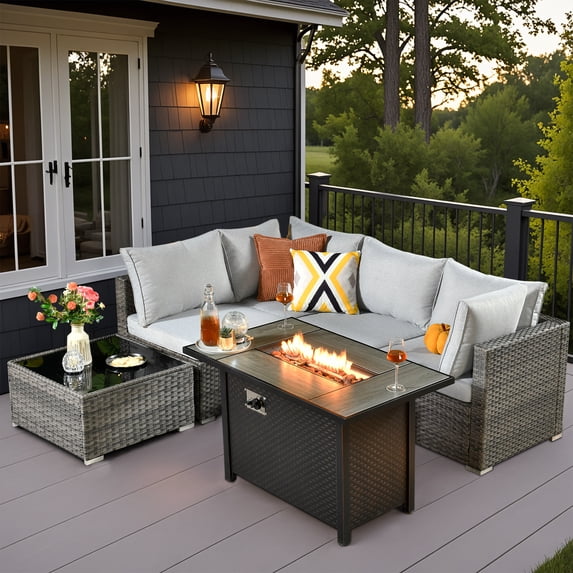 Vcatnet 6 Pieces Outdoor Patio Furniture with Fire Pit, Wicker Outdoor Conversation Set, Outdoor Sectional with Coffee Table, Gray