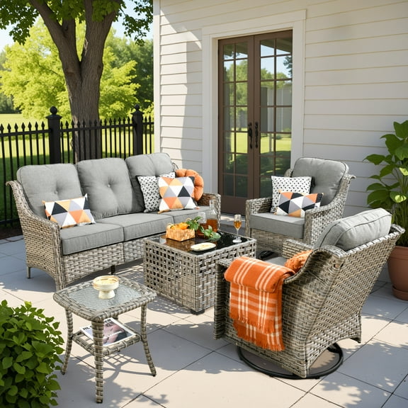 Vcatnet 5 Pieces Outdoor Patio Furniture High-Back Conversation Set with Rocking Swivel Chairs and Solar Lamp Coffee Table,Dark gray