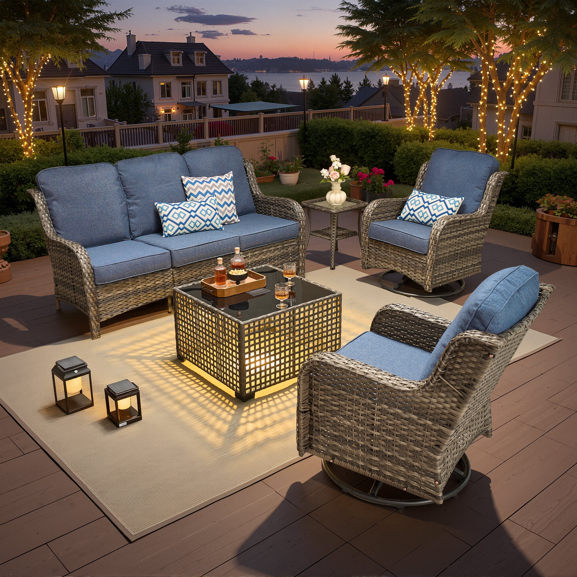 Vcatnet 5 Pieces Patio Outdoor Furniture with Swivel Chairs Wicker Sectional Sofa High-Back Outdoor Conversation Set with Solar Lamp Coffee Table, Denim Blue
