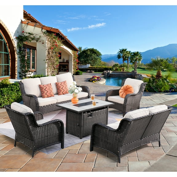 Vcatnet 5 Pieces Outdoor Patio Furniture Sectional Sofa All-weather Conversation Set with Fire Pit Table for Garden,Poolside,Beige