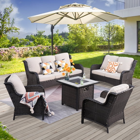 Vcatnet 5 Pieces Outdoor Patio Furniture Sectional Sofa All-weather Conversation Set with Fire Pit Table for Garden,Poolside,Beige