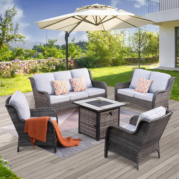 Vcatnet 5 Pieces Outdoor Patio Furniture Sectional Sofa All-weather Conversation Set with Fire Pit Table for Garden,Poolside,Gray