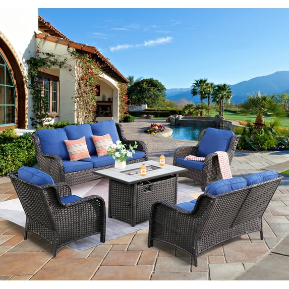 Vcatnet 5 Pieces Outdoor Patio Furniture Sectional Sofa All-weather Conversation Set with Fire Pit Table for Garden,Poolside,Navy blue
