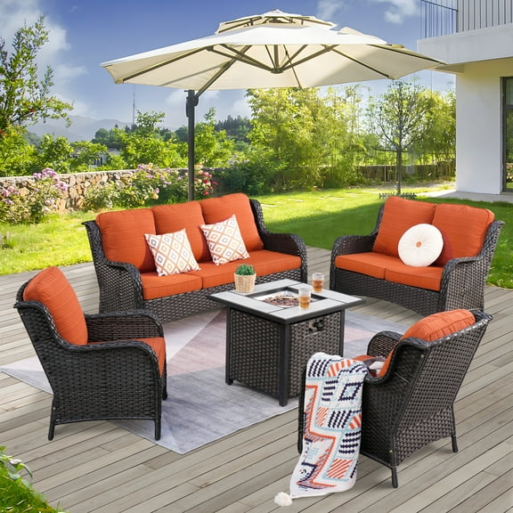 Vcatnet 5 Pieces Outdoor Patio Furniture Sectional Sofa All-weather Conversation Set with Fire Pit Table for Garden,Poolside,Orange