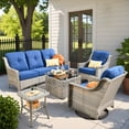 thumbnail image 1 of Vcatnet 5 Pieces Outdoor Patio Furniture All Weather Wicker High-Back Conversation Set with Rocking Swivel Chairs and Solar Lamp Coffee Table,Navy Blue, 1 of 9