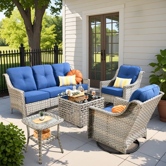 Vcatnet 5 Pieces Outdoor Patio Furniture All Weather Wicker High-Back Conversation Set with Rocking Swivel Chairs and Solar Lamp Coffee Table,Navy Blue