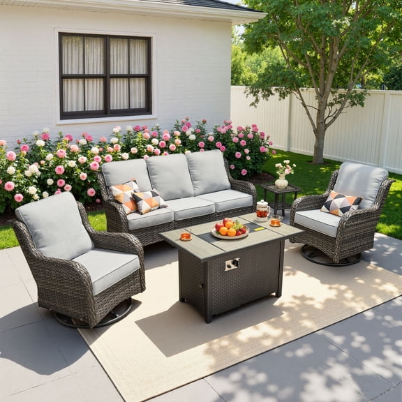 Vcatnet 5 Pieces Outdoor Patio Furniture with Fire Pit Wicker Sectional Sofa High-Back Conversation Set with Swivel Chairs, Gray