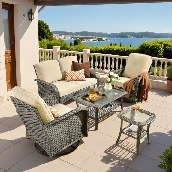 Vcatnet 5 Pieces Patio Furniture with Swivel Chairs, High Back Outdoor Conversation Set, All-Weather Wicker Sectional Furniture Set, Beige