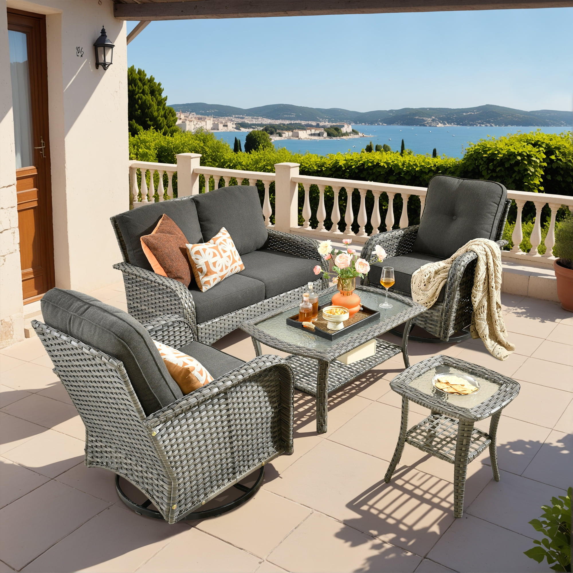 Vcatnet 5 Pieces Patio Furniture with Swivel Chairs, High Back Outdoor Conversation Set, All-Weather Wicker Sectional Furniture Set, Black