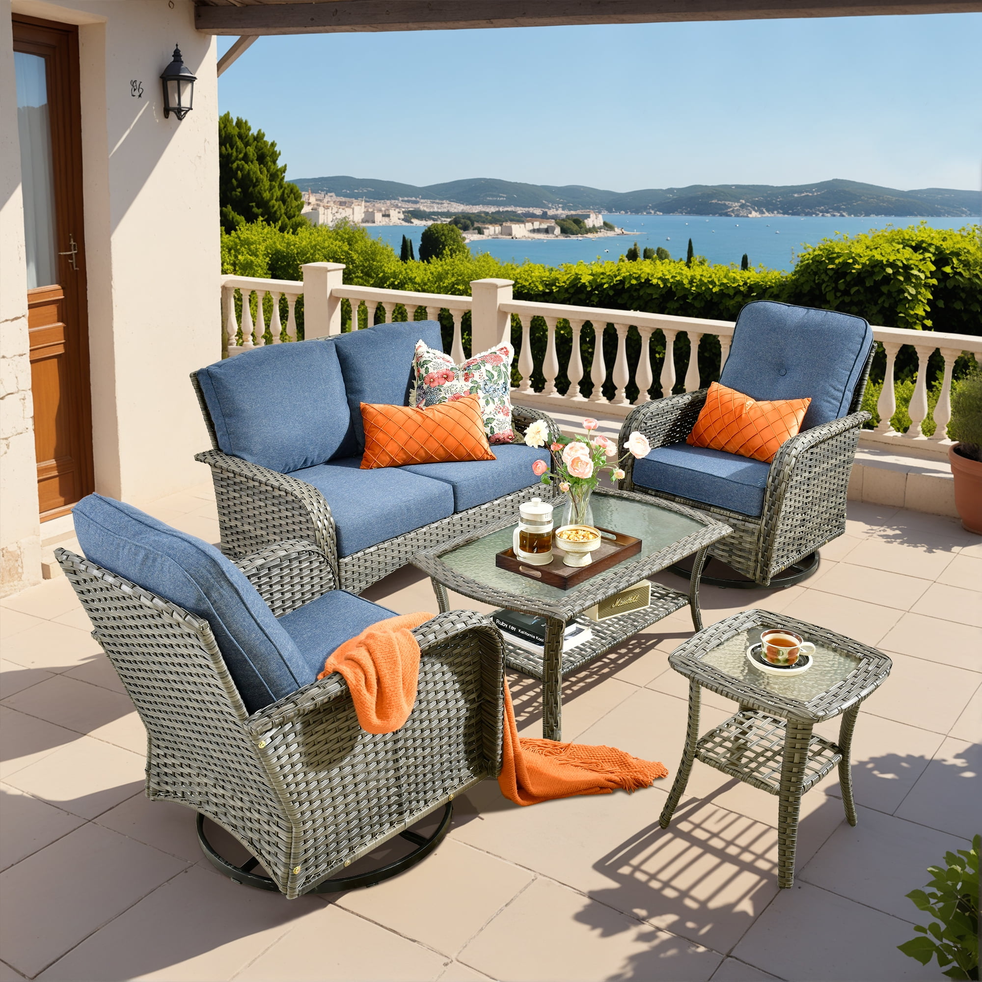 Vcatnet 5 Pieces Patio Furniture with Swivel Chairs, High Back Outdoor Conversation Set, All-Weather Wicker Sectional Furniture Set, Denim Blue