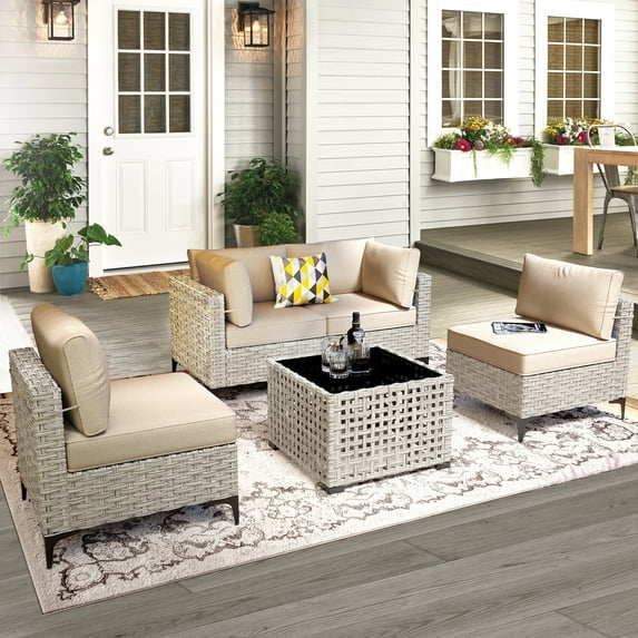 Vcatnet 5 Pieces Patio Outdoor Conversation Set All Weather Furniture Wicker Sofa Set with Solar Lamp Coffee Table,Beige