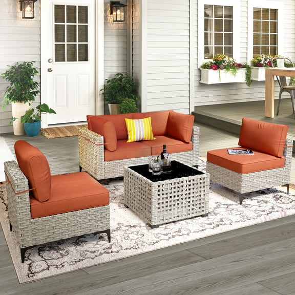 Vcatnet 5 Pieces Patio Outdoor Conversation Set All Weather Furniture Wicker Sofa Set with Solar Lamp Coffee Table,Coarse Orange Red