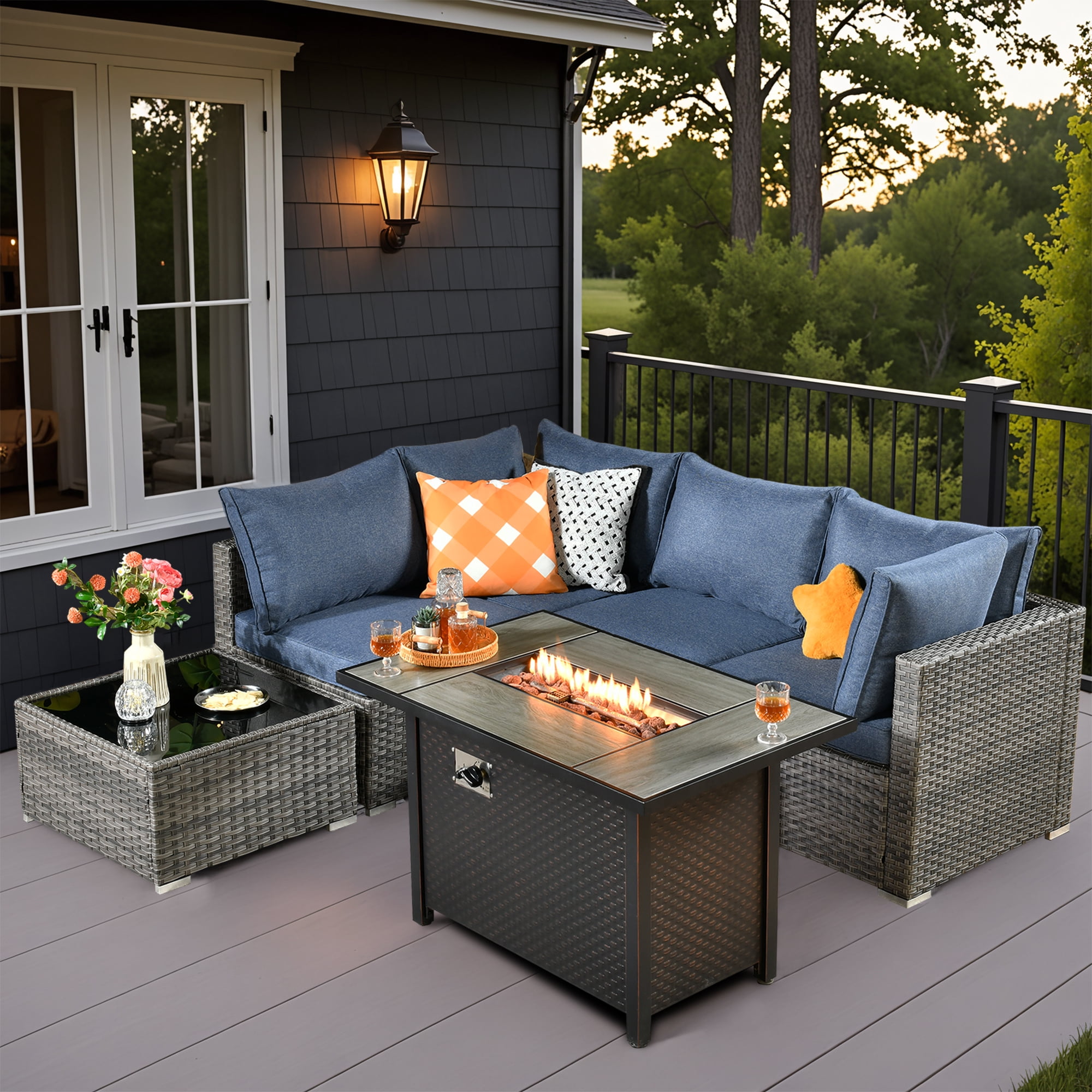 Vcatnet 6 Pieces Outdoor Patio Furniture with Fire Pit, Wicker Outdoor Conversation Set, Outdoor Sectional with Coffee Table, Denim Blue