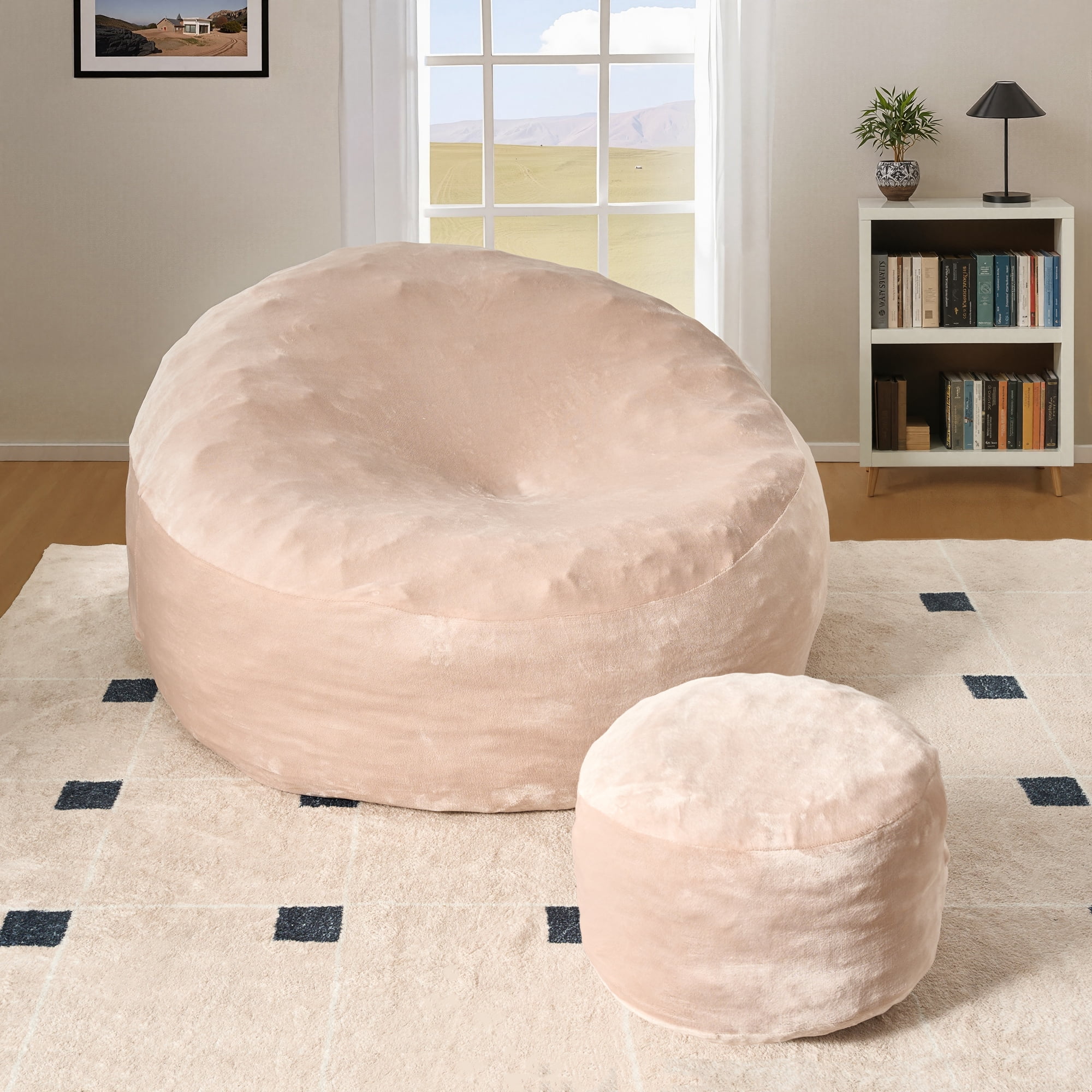 Vcatnet 59" Oversized Bean Bag Chair for Adults with Ottoman Giant Bean Bag Sofa Couch with Memory Foam Upholstered Lazy Floor Sofa for Living Room Bedroom, Beige
