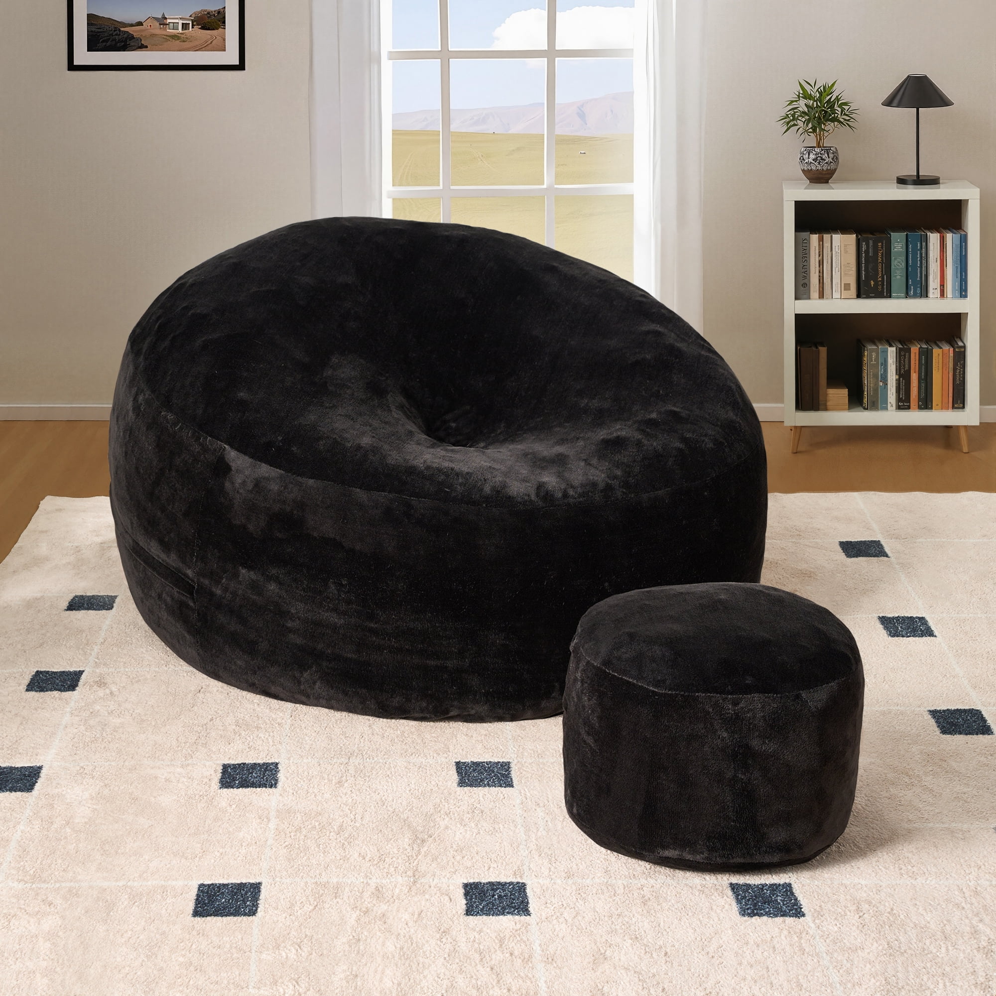 Vcatnet 59" Oversized Bean Bag Chair for Adults with Ottoman Giant Bean Bag Sofa Couch with Memory Foam Upholstered Lazy Floor Sofa for Living Room Bedroom, Black