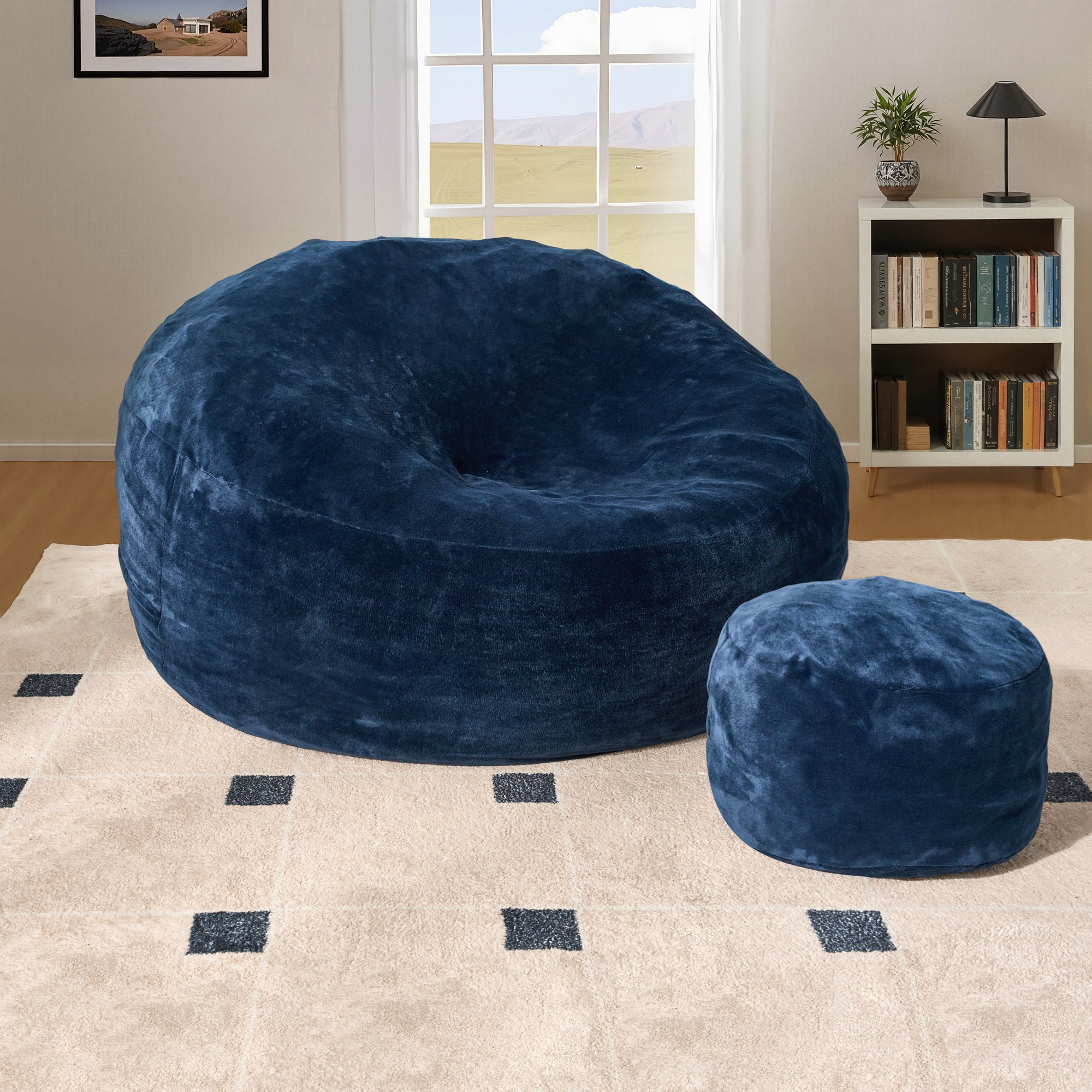 Vcatnet 59" Oversized Bean Bag Chair for Adults with Ottoman Giant Bean Bag Sofa Couch with Memory Foam Upholstered Lazy Floor Sofa for Living Room Bedroom, Dark Blue