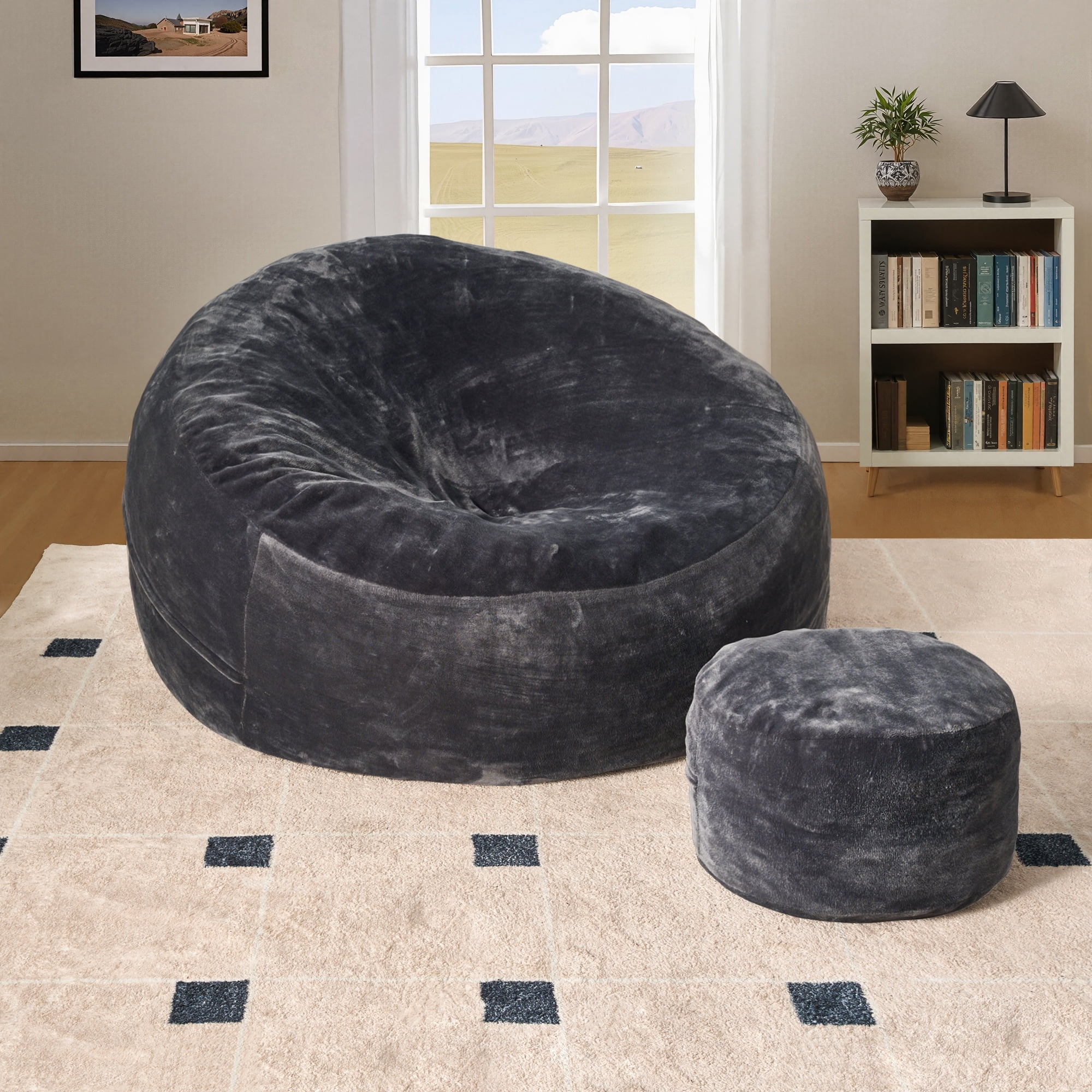 Vcatnet 59" Oversized Bean Bag Chair for Adults with Ottoman Giant Bean Bag Sofa Couch with Memory Foam Upholstered Lazy Floor Sofa for Living Room Bedroom, Dark Gray
