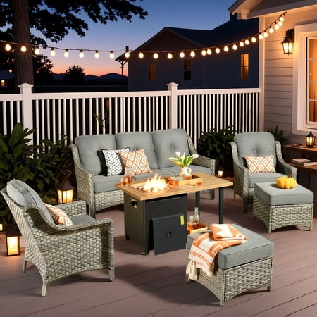 Vcatnet 6 Pieces Outdoor Conversation Set with Fire Pit Wicker Rattan Patio Furniture High-Back Sectional Sofa with Ottoman for Porch, Deck, Dark Gray