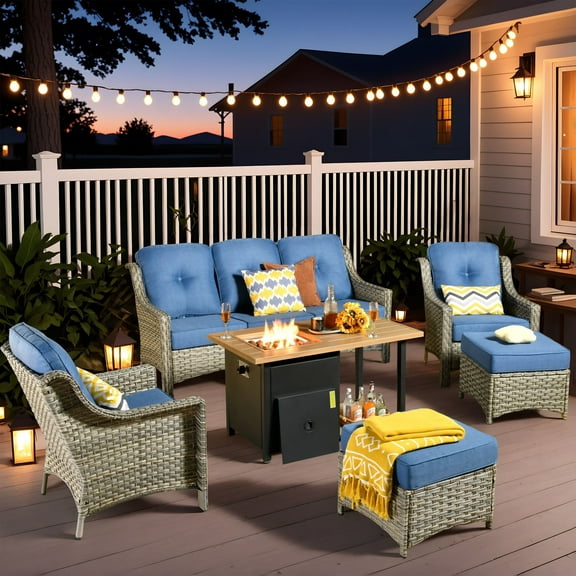 Vcatnet 6 Pieces Outdoor Conversation Set with Fire Pit Wicker Rattan Patio Furniture High-Back Sectional Sofa with Ottoman for Porch, Deck, Diamond Blue