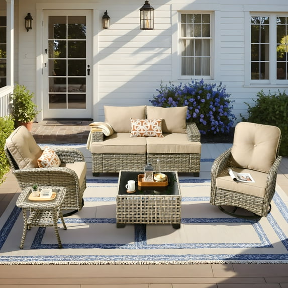 Vcatnet Outdoor Conversation Set, 6 Pieces Sectional Sofa, All Weather Wicker Patio Furniture Set with Swivel Rocking Chairs, Beige