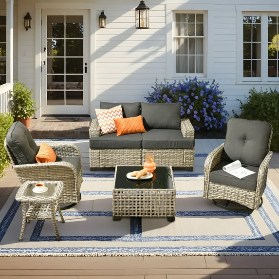 Vcatnet Outdoor Conversation Set, 6 Pieces Sectional Sofa, All Weather Wicker Patio Furniture Set with Swivel Rocking Chairs, Black