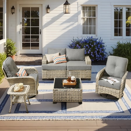 Vcatnet Outdoor Conversation Set, 6 Pieces Sectional Sofa, All Weather Wicker Patio Furniture Set with Swivel Rocking Chairs, Dark Gray
