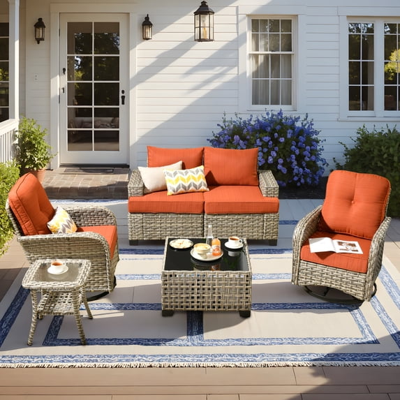 Vcatnet Outdoor Conversation Set, 6 Pieces Sectional Sofa, All Weather Wicker Patio Furniture Set with Swivel Rocking Chairs, Orange Red