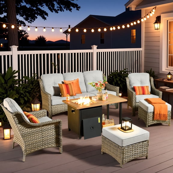 Vcatnet 6 Pieces Outdoor Conversation Set with Fire Pit Wicker Rattan Patio Furniture High-Back Sectional Sofa with Ottoman for Porch, Deck, Gray