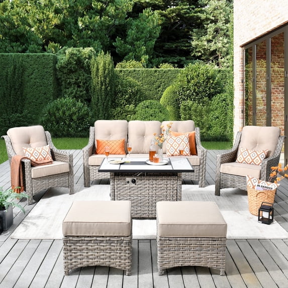 Vcatnet 6 Pieces Outdoor Patio Furniture All Weather Wicker High-Back Conversation Set with Fire Pit Table and Ottoman,Beige