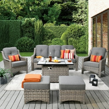 Vcatnet 6 Pieces Outdoor Patio Furniture All Weather Wicker High-Back Conversation Set with Fire Pit Table and Ottoman,Dark Gray