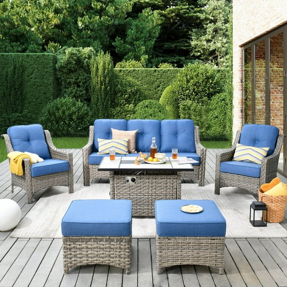 Vcatnet 6 Pieces Outdoor Patio Furniture All Weather Wicker High-Back Conversation Set with Fire Pit Table and Ottoman,Diamond Blue