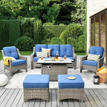 Vcatnet 6 Pieces Outdoor Patio Furniture All Weather Wicker High-Back Conversation Set with Fire Pit Table and Ottoman,Diamond Blue