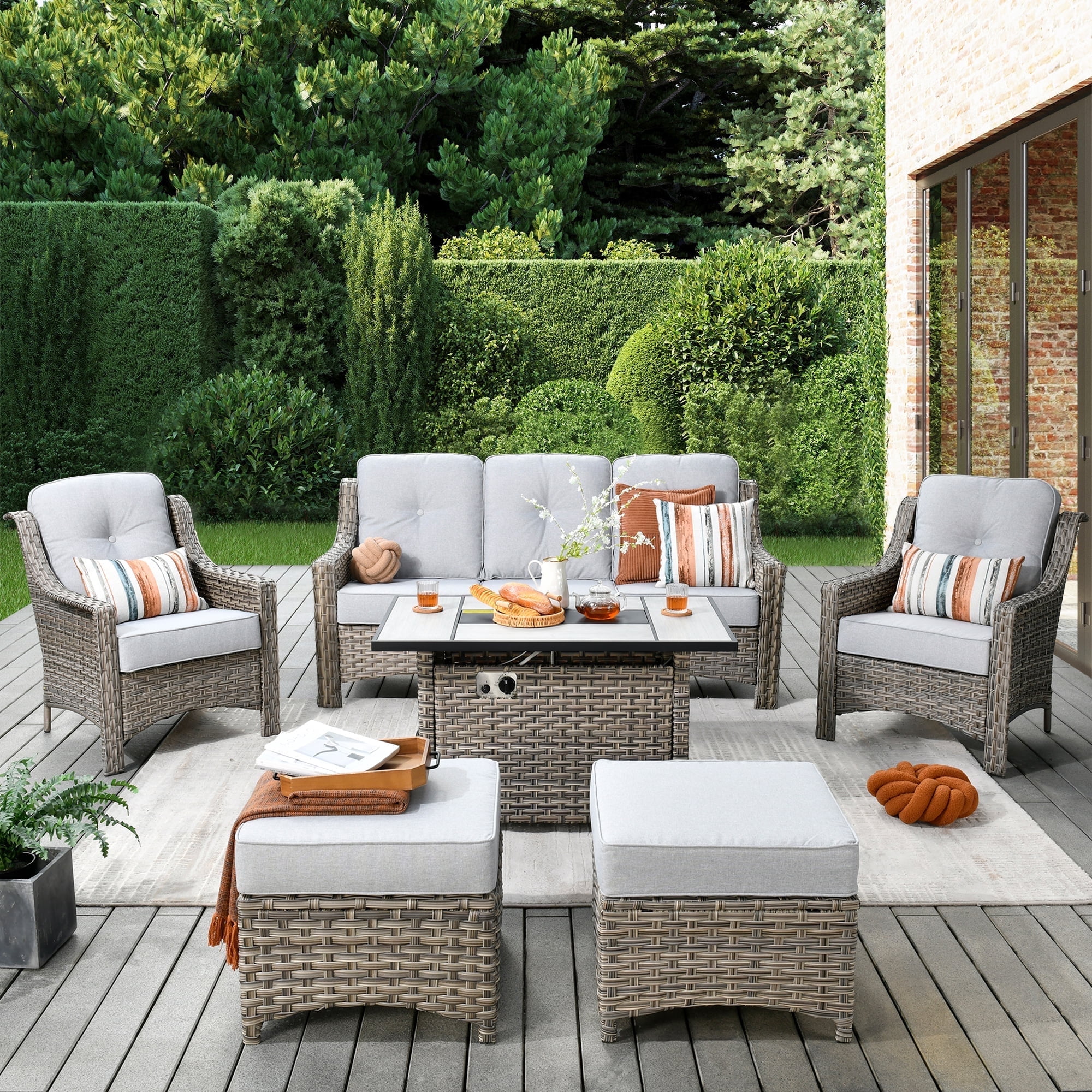 Vcatnet 6 Pieces Outdoor Patio Furniture All Weather Wicker High Back Conversation Set with Fire Pit Table and Ottoman Gray