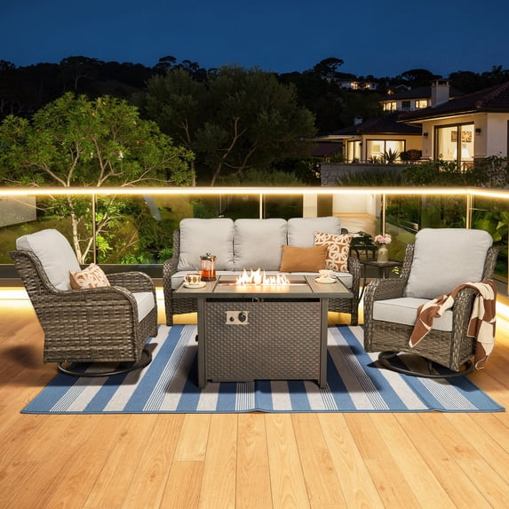 Vcatnet Outdoor Patio Furniture with Fire Pit 5 Pieces Sectioal Sofa All Weather Wicker High-Back Conversation Set with Swivel Glider Rockers for Porch, Deck, Gray