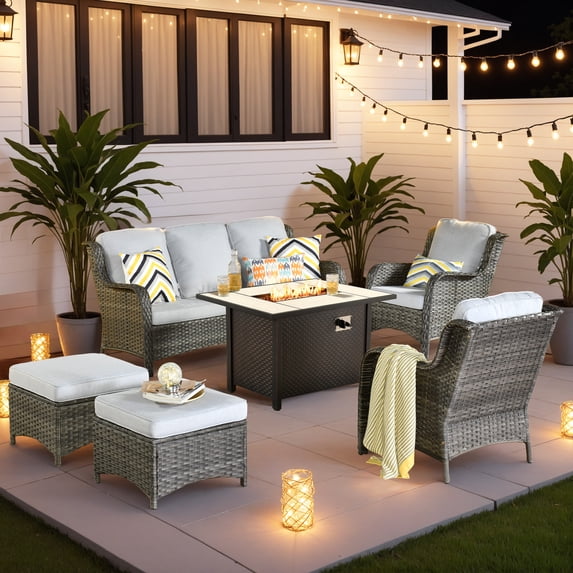 Vcatnet Outdoor Patio Furniture with Fire Pit 6 Pieces Sectioal Sofa All Weather Wicker High-Back Conversation Set with Ottoman for Porch, Deck, Gray
