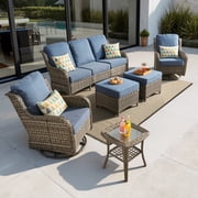 Vcatnet 6 Pieces Outdoor Patio Furniture Wicker High-Back Conversation Set with Swivel Rocking Chairs and Ottoman, Denim Blue
