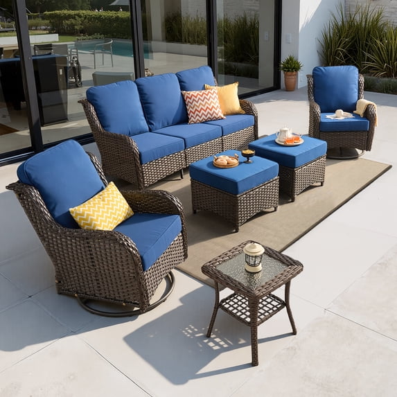 Vcatnet 6 Pieces Outdoor Patio Furniture Wicker High-Back Conversation Set with Swivel Rocking Chairs and Ottoman, Navy Blue