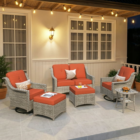 Vcatnet 6 Pieces Outdoor Patio Furniture Sectioal Sofa with Swivel Rocking Chairs Wicker High-Back Conversation Set with Side Table and Ottoman, Orange Red