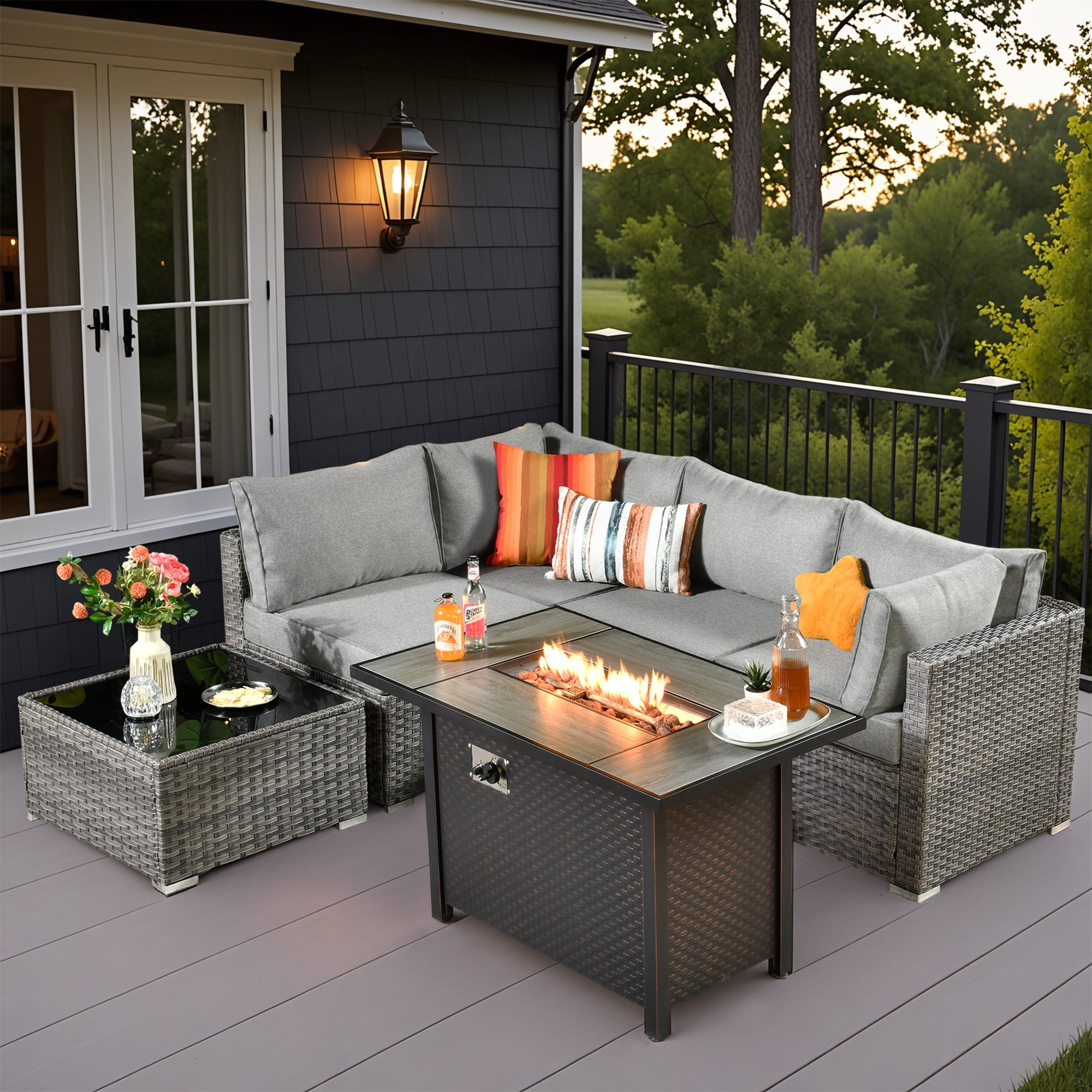 Vcatnet 6 Pieces Outdoor Patio Furniture with Fire Pit, Wicker Outdoor Conversation Set, Outdoor Sectional with Coffee Table, Dark Gray