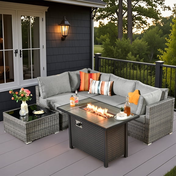 Vcatnet 6 Pieces Outdoor Patio Furniture with Fire Pit, Wicker Outdoor Conversation Set, Outdoor Sectional with Coffee Table, Dark Gray