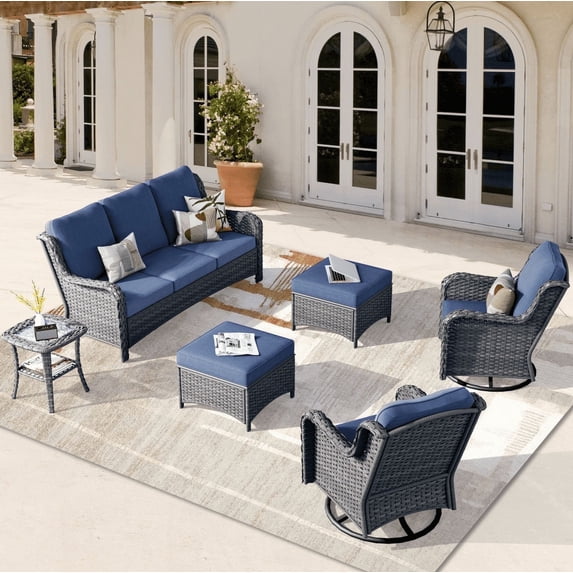 Vcatnet 6 Pieces Outdoor Patio Furniture Sectional Sofa All-weather Conversation Set with Swivel Rocking Chairs and Coffee Table for Garden,Poolside,Denim blue