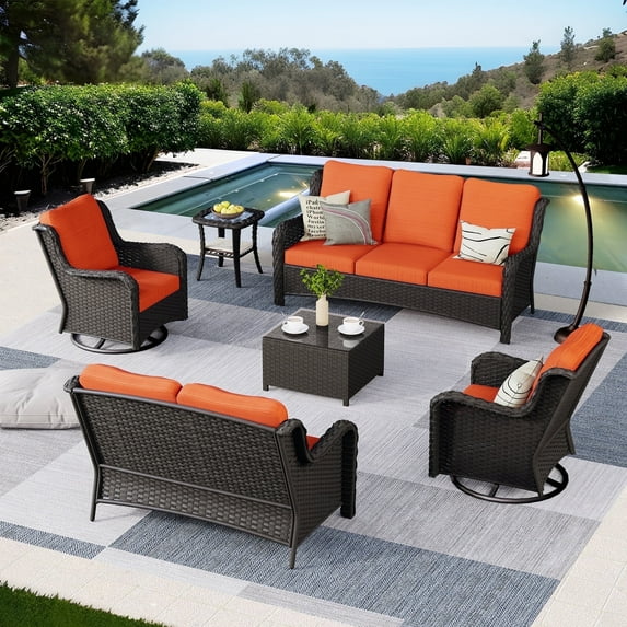 Vcatnet 6 Pieces Outdoor Patio Furniture Sectional Sofa All-weather Conversation Set with Swivel Rocking Chairs and Coffee Table for Garden,Poolside,Orange